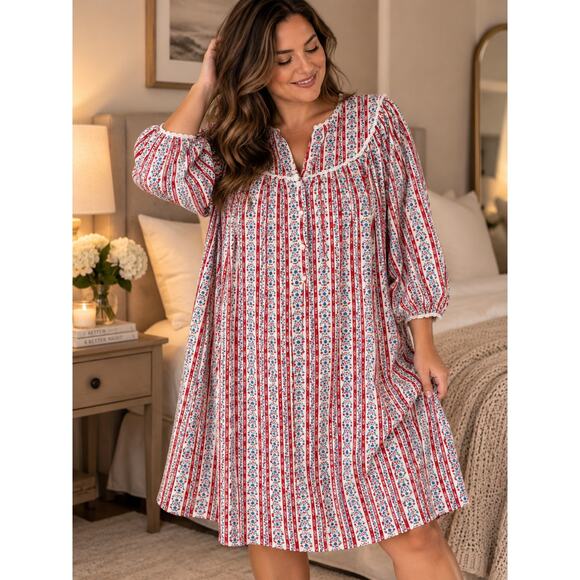 Lanz of Salzburg Other - Lanz of Salzburg Flannel Small Red Floral Stripe Prairie Nightgown Ruffle Trim
